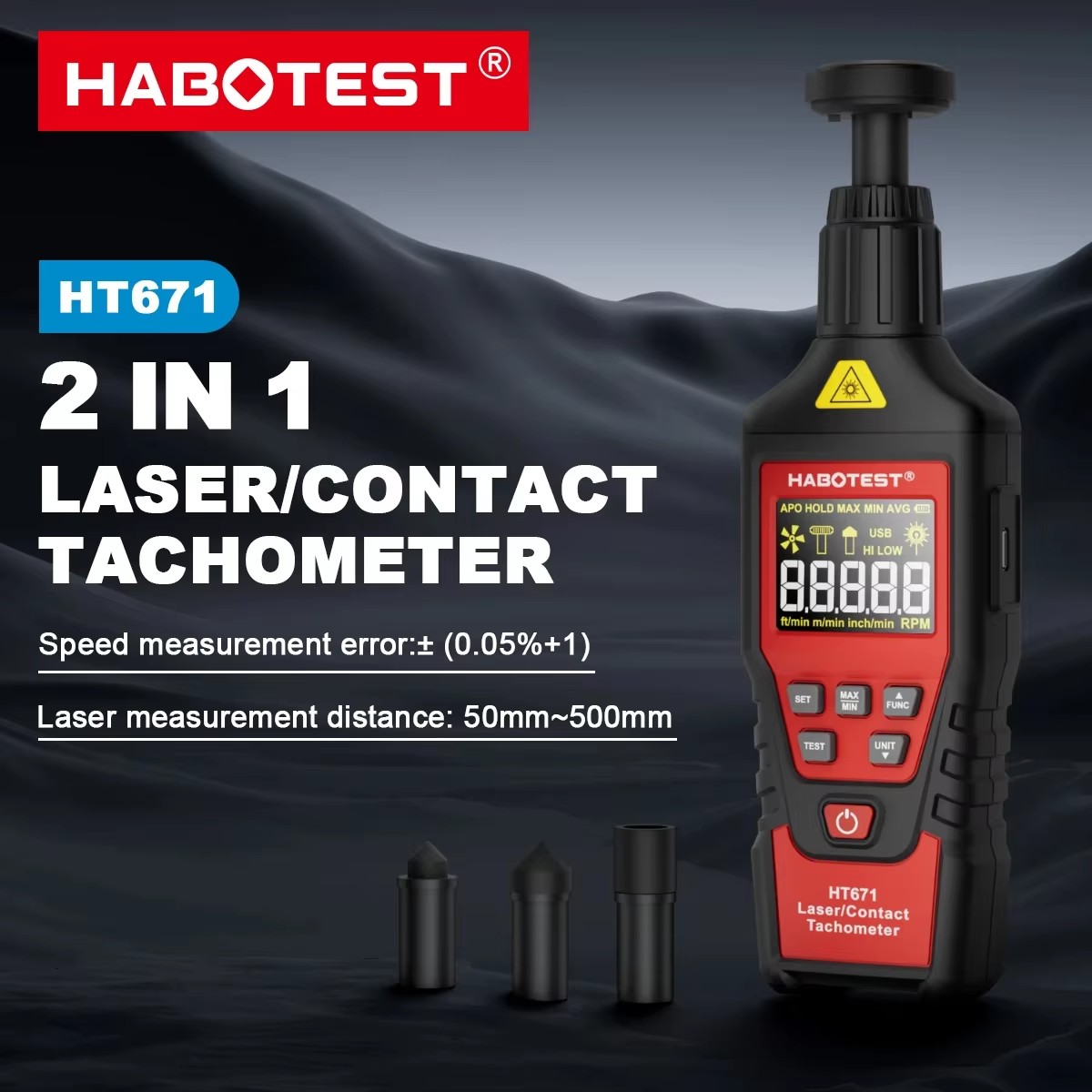 Industrial Laser Tachometer - HABOTEST HT671 เครื่องวัดความเร็วรอบแบบดิจิตอล 2-in-1 แบบสัมผัสและไม่สัมผัส เครื่องวัดความเร็วรอบด้วยเลเซอร์
