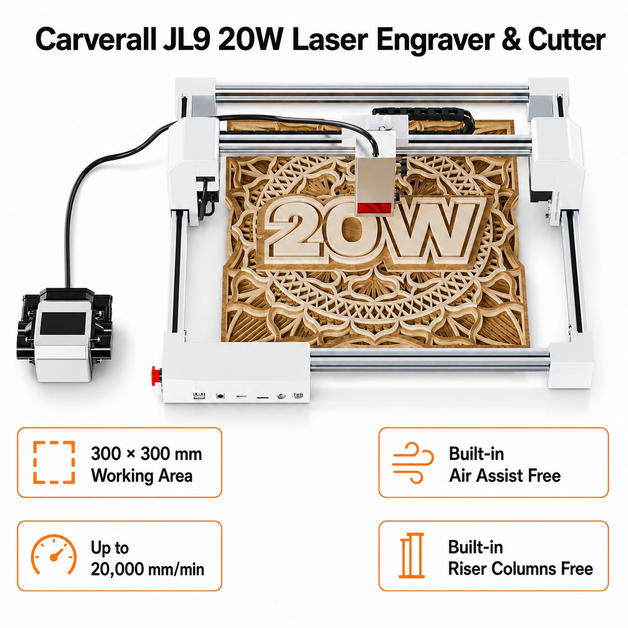 Acrylic Cutting Machine - เครื่องแกะสลักเลเซอร์ Carverall JL9 20W, เครื่องแกะสลักเลเซอร์แบบตั้งโต๊ะขนาด 300x300